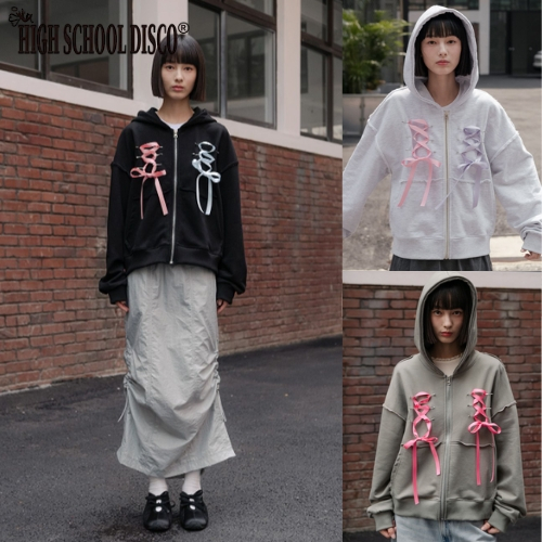 เสื้อกั๊กฮู้ดซิปขึ้นลวดลายคอร์เซตพร้อมสายคาด มีให้เลือก 3 สี เครื่องแต่งกายสไตล์.High.School.Disco