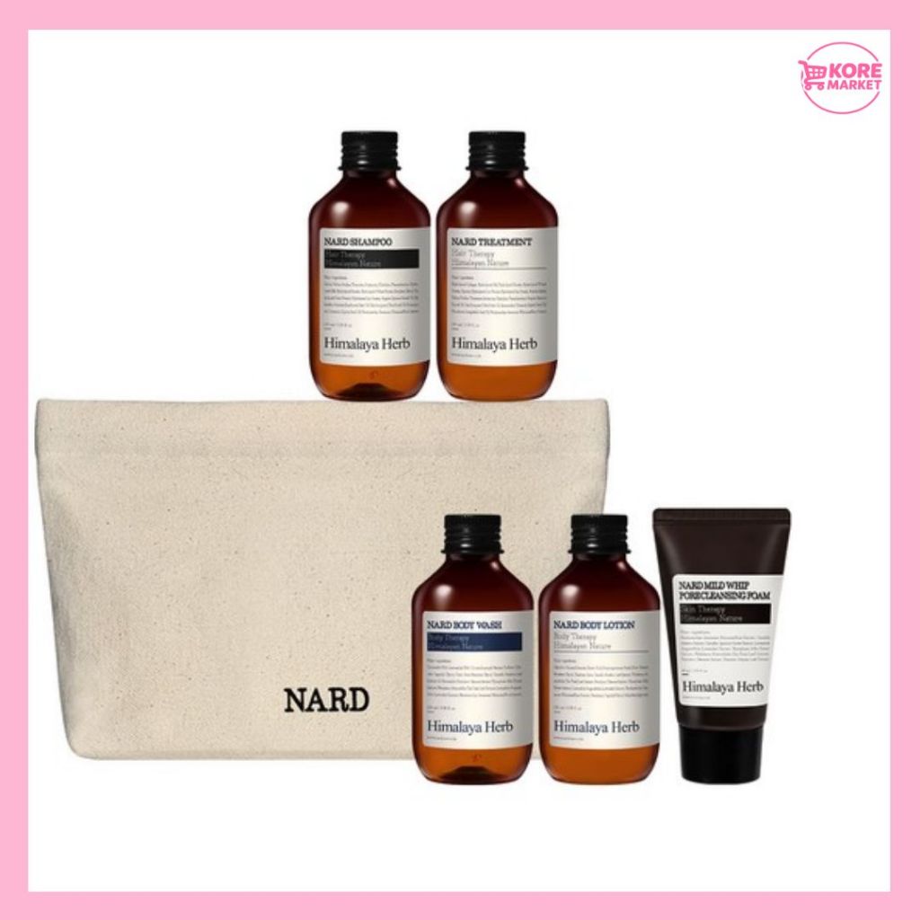 NARD TRAVEL KIT 5 ชิ้นพร้อมกระเป๋าผ้าฝ้าย – แชมพู, การรักษา, ร่างกาย WASH, โลชั่น, น้ํายาทําความสะอาด