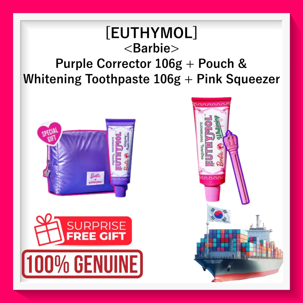 [EUTHYMOL] <Barbie> Purple Corrector 106g + Pouch & Whitening Toothpaste 106g + Pink Squeezer