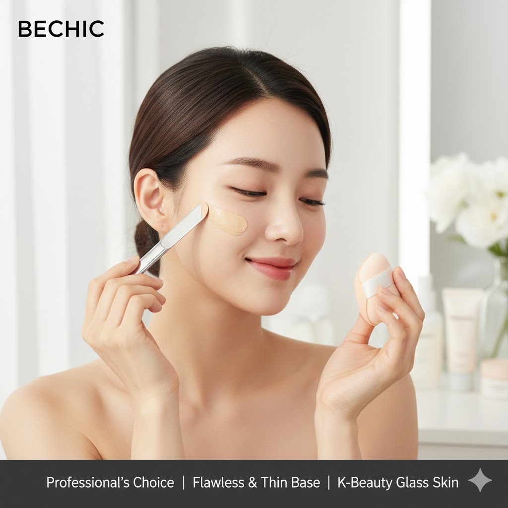 เกาหลี Daiso] BECHIC Makeup Spatula & Case Set / Stainless Steel / K-Beauty Glass Skin Foundation To