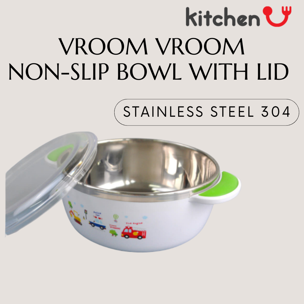 KITCHEN U Vroom Vroom ชามสแตนเลสกันลื่น 304 พร้อมฝาปิด