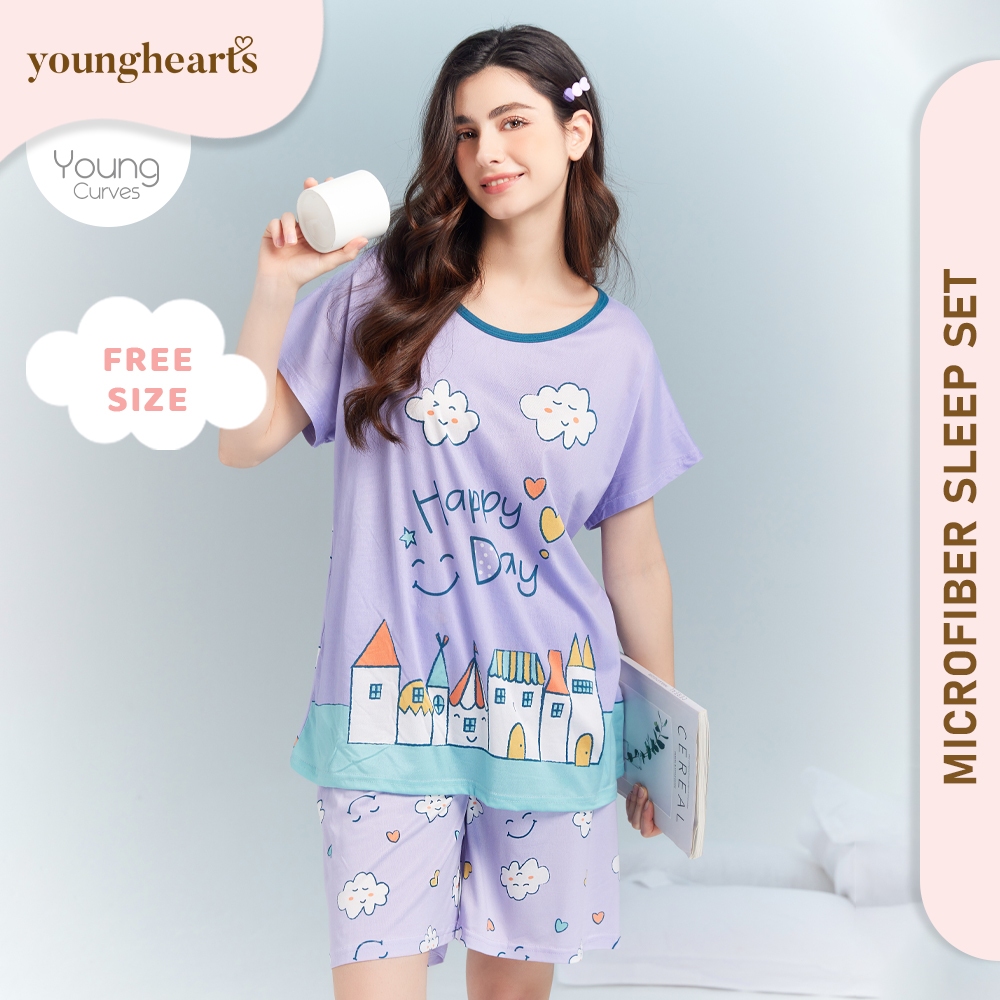 Young Hearts Young Curves Happy Day แขนสั้นไมโครไฟเบอร์ Top & Bottom Sleep Set C01-S01459