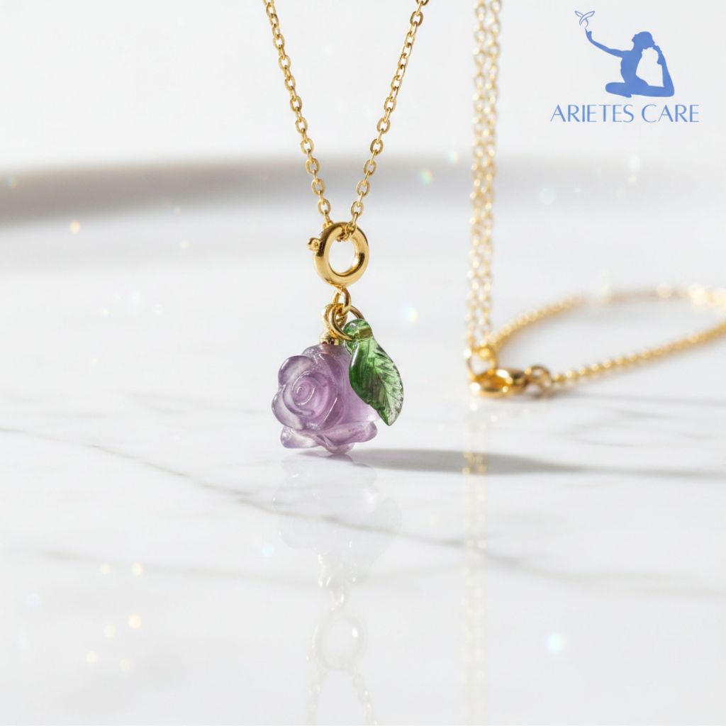 ธรรมชาติ Amethyst คริสตัลสีม่วง Rose จี้ S925 เงินสเตอร์ลิง 18K Gold Plated สร้อยคอ Clavicle Chain 1