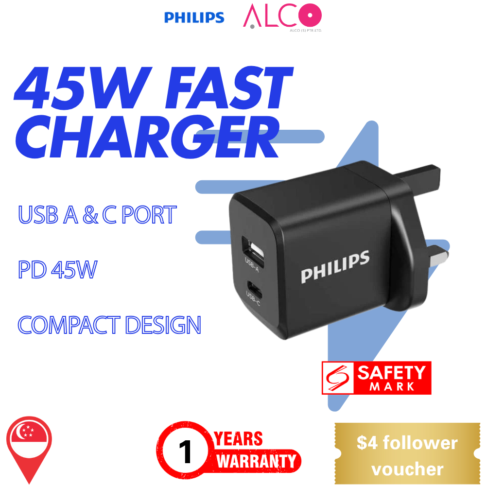 Philips 45W GaN Wall Charger QC18W PD45W สีดํา (DLP5321CB/05)
