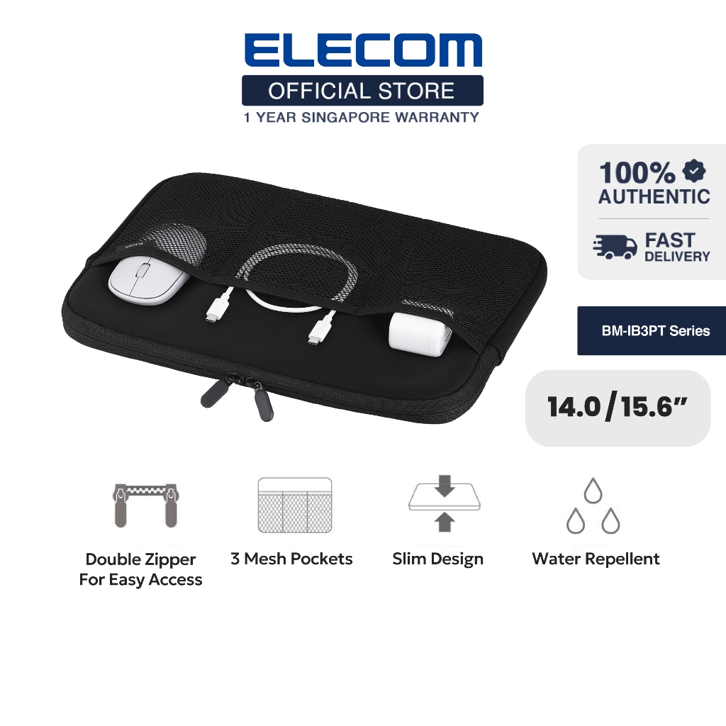 ELECOM Laptop Inner Bag 14inch/ 15.6inch 3 Mesh Pockets, Water-Repellent, Slim, Shock-Resistant