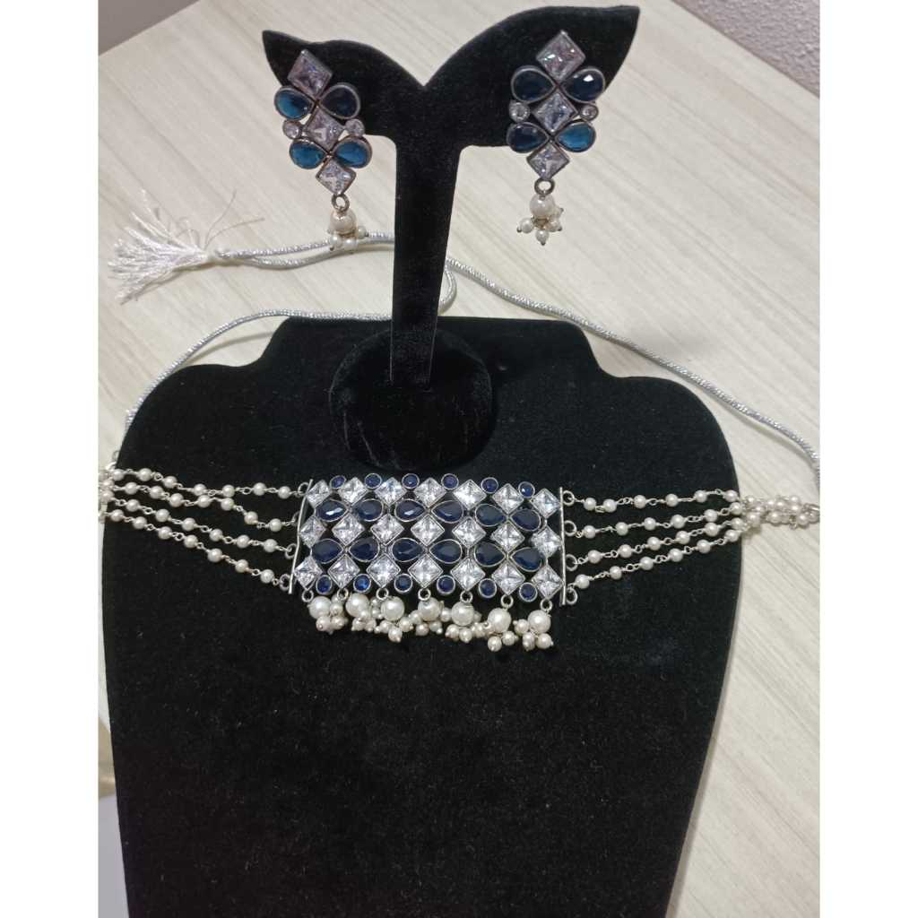 Silver-Oxidized Choker สร้อยคอต่างหูเครื่องประดับประดิษฐ์ชุดงานรื่นเริงงานแต่งงานหมั้น Party