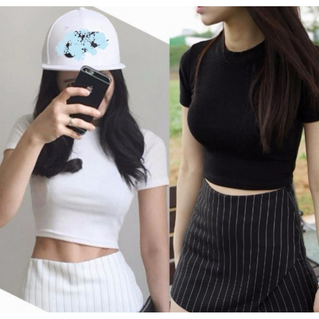 FLS ผู้หญิงs แขนสั้นรอบคอ Slim Fit Casual Pullover Crop Tops เสื้อยืด P24