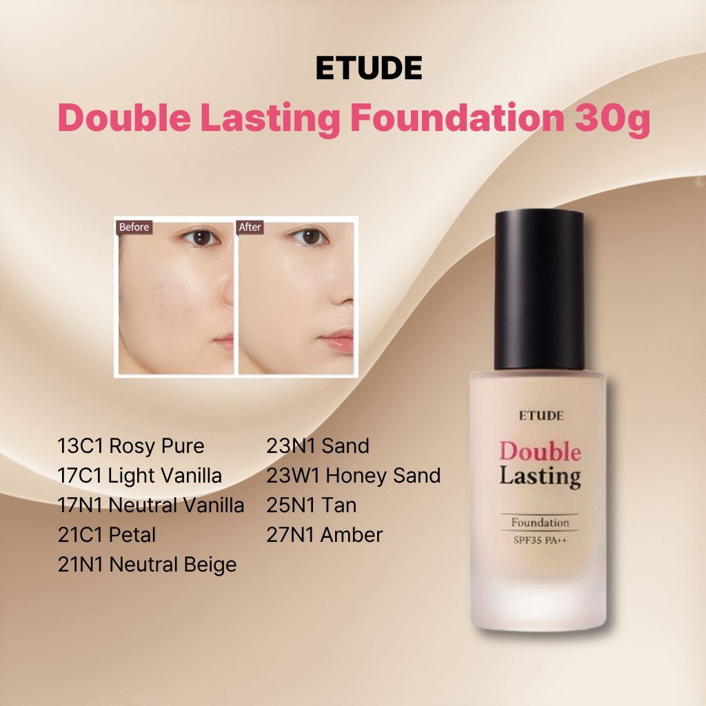 [ETUDE] Double Lasting Foundation 30g / รองพื้นกึ่งแมตต์ติดทนนาน / Medium to Full Coverage / Lightweight Skin-Fit Base / Oil Control & Flawless Finish / K-Beauty