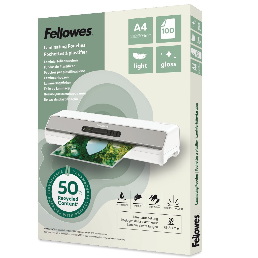 Fellowes A4 กระเป๋าเคลือบ 50% RECYCLED CONTENT - LIGHT, GLOSS, 100PK