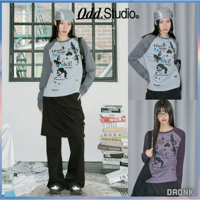 [ODDSTUDIO] เสื้อลายพิมพ์สไตล์คิตซ์ พลีทและระบายไหล่ยาว สไตล์เกาหลี ของแท้ 100%
