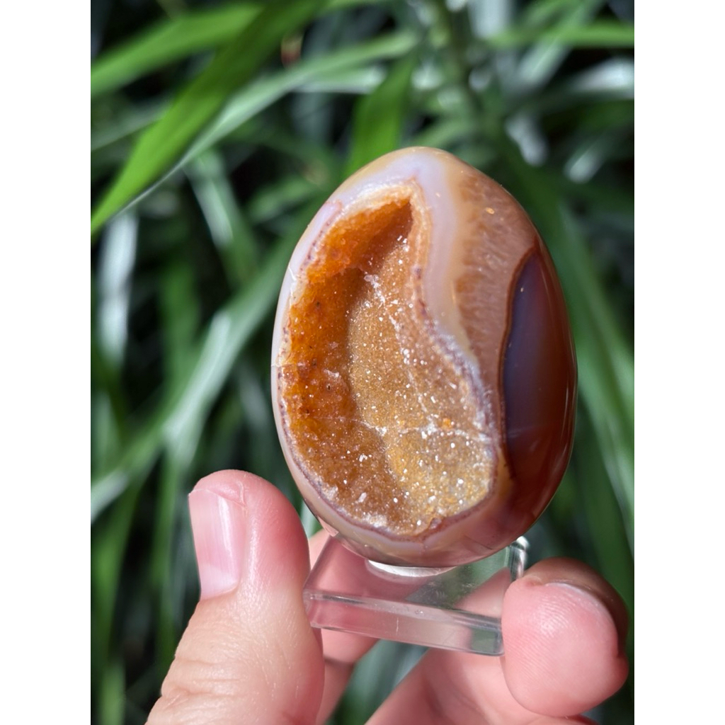 Sugary Caramel Agate Egg Nurturing Stability With Sparkling Druzy Pocket