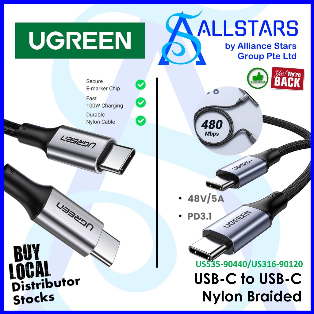 UGREEN สายไฟชาร์จเร็ว USB-C เป็น USB-C ถัก (US535: 2M, 240W PD 3.1/US316: 3M, 100W PD Delivery)