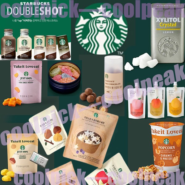 [ Starbucks ของสะสมเกาหลี ] ขนมอัลมอนด์ ท็อฟฟี่ ขนมคุกกี้ โปรตีน ผงถั่ว มันเทศ ผลไม้ ข้าว เต้าหู้ ถั่วเหลือง โลโก้ ช็อคโกแลต ไซลิทอล เยลลี่
