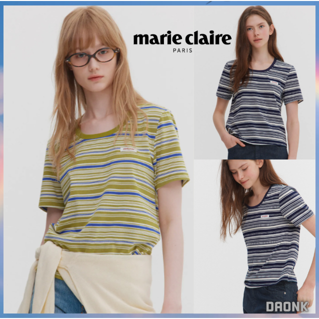 [MARIE CLAIRE] เสื้อยืดแขนสั้น แบบคอวีลาย Multi-Stripe หลากสี นำเข้าจากเกาหลี