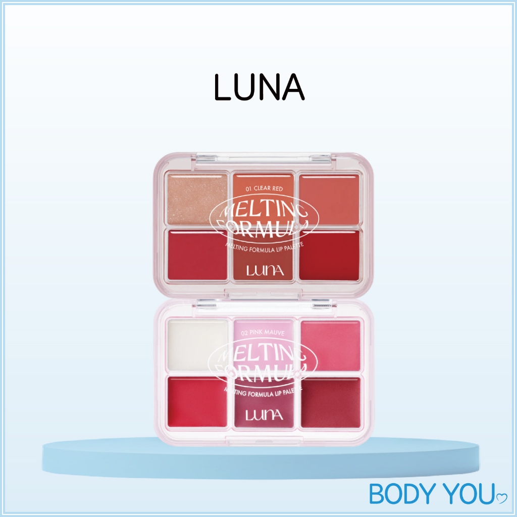 [LUNA] Melting Formula Lip Palette 6-in-1 : 01 Clear Red, 02 Pink Mauve - All-in-One Glossy Lip, Lon