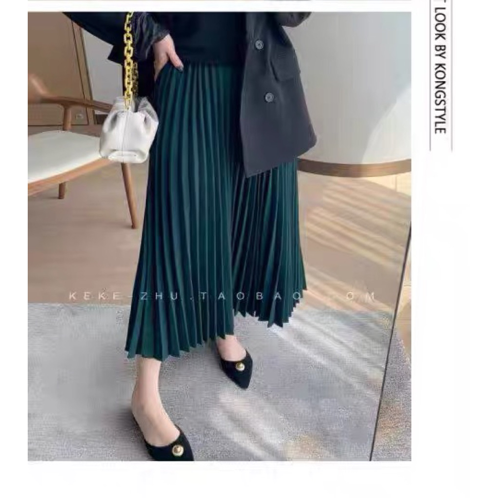 [SG INSTOCKS] Forest Green Minimalist จีบ Pleisse กระโปรงเอวสูง Middlexi Skater กระโปรง