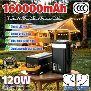 CCC【New】 120W Power Bank 160000mAh Fast charging Mobile Battery Portable Charger PowerBank 2 Cable Outdoors Camping