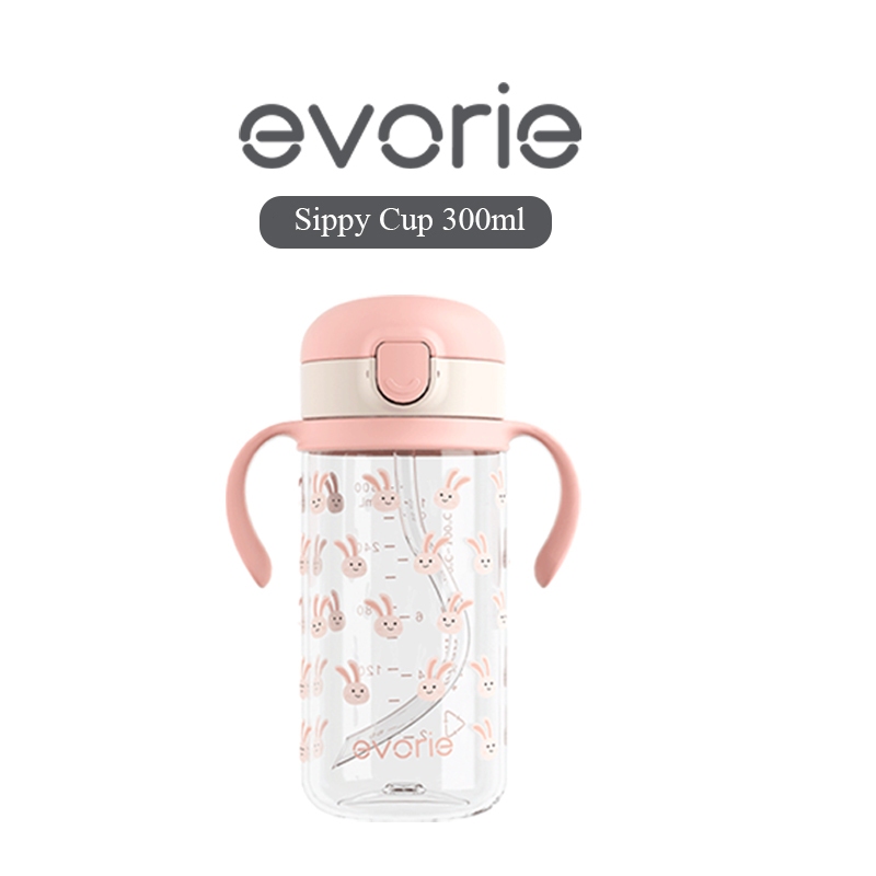 Evorie Tritan Sippy Straw Cup ขวดน้ําสําหรับเด็กวัยหัดเดินสําหรับเด็ก 1-4 ปี 300mL, Rabbit Pink