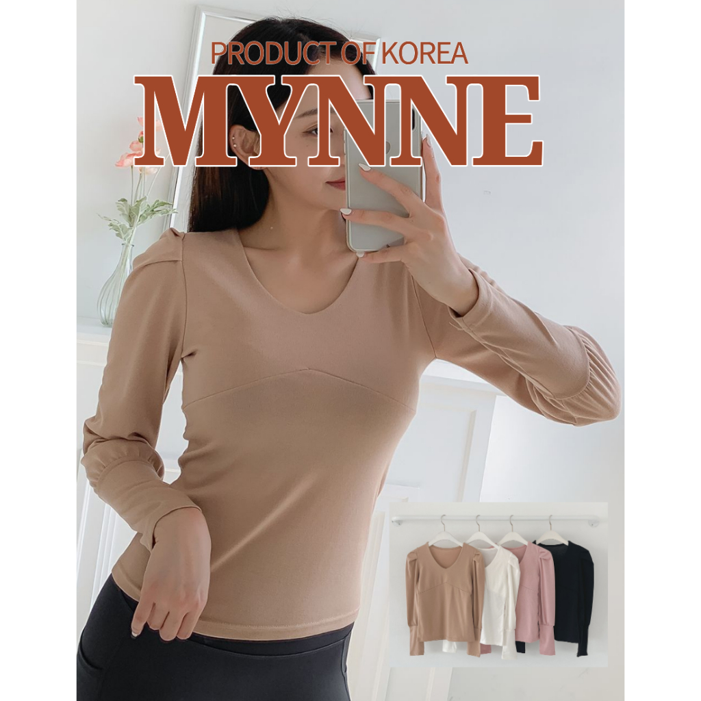 [MYNNE] พัฟแขน U-คอด้านข้าง Ruched เสื้อแขนยาว | Made in Korea Pilates Yoga Active Top