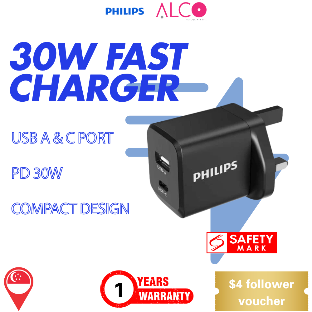 Philips 30W GaN Wall Charger QC18W PD30W สีดํา Travel Easy(DLP5322CB/05)