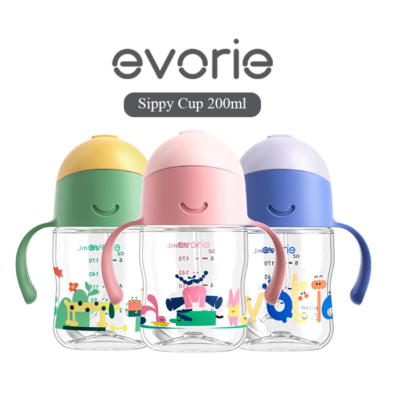 Evorie Tritan Weighted Straw Sippy Cup สําหรับทารกและเด็กเล็ก 6 เดือน + 200mL สีชมพู สีฟ้า และสีเขีย