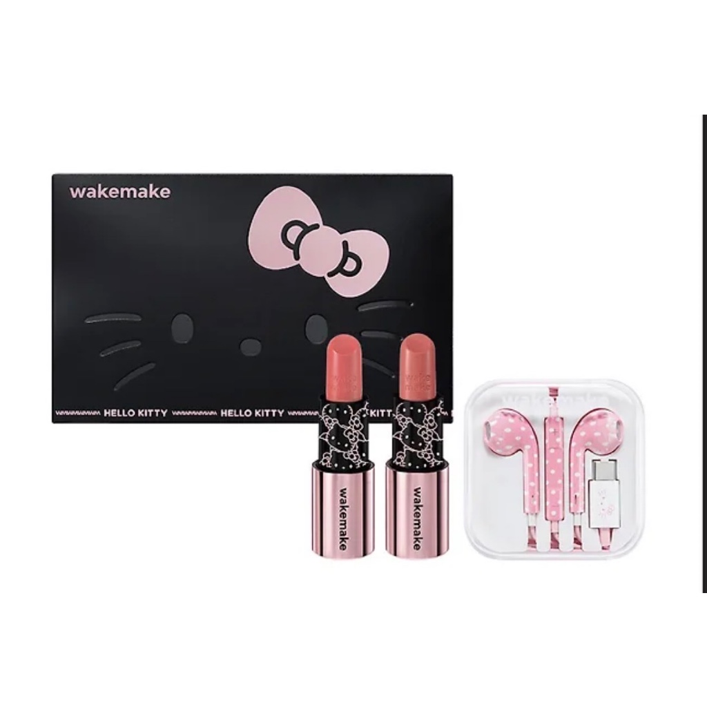 WAKEMAKE x HELLO KITTY Limited Edition – คอลเลกชันแต่งหน้า, รวมแท่งลิปบาล์ม 2 แท่ง + หูฟังแบบมีสายชนิด C ของ Hello Kitty