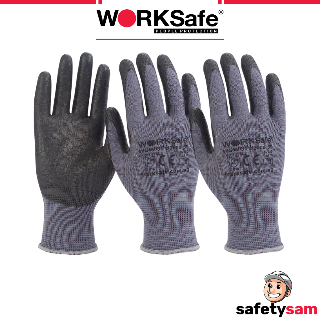 [2 PAIRS BUNDLE] WORKSafe PU3000 ถุงมือนิรภัยกันบาดระดับ 1 EN388 ถุงมือทํางานเคลือบ PU