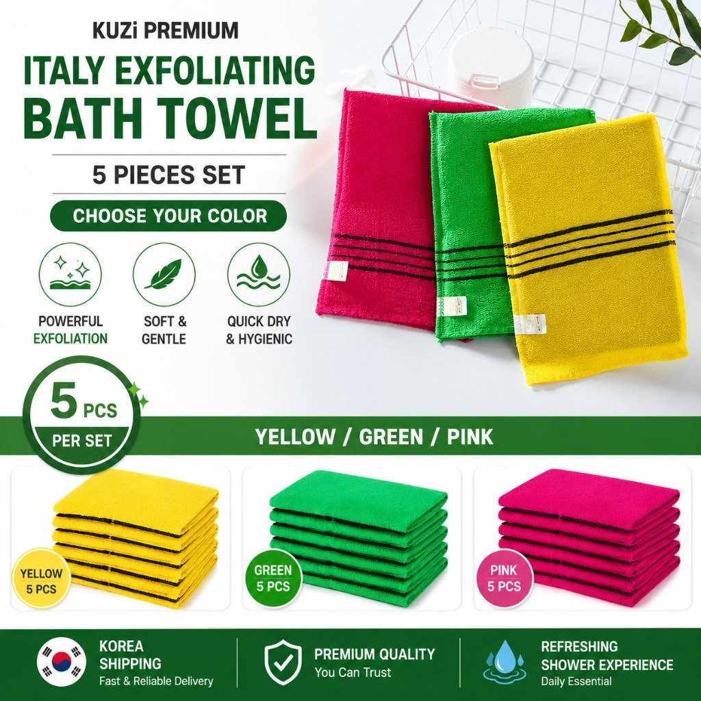 KuzziPremium Korean Italy Exfoliating Towel (สีเหลือง/ชมพู/เขียว) Deep Cleansing Bath Scrub Mitt 5 ช