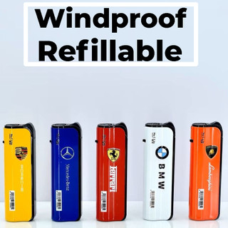 [5s/Set] Refillable Windproof Gas Jet Lighter, Adjustable Flame Luxury Car Logo. Wholesale Available