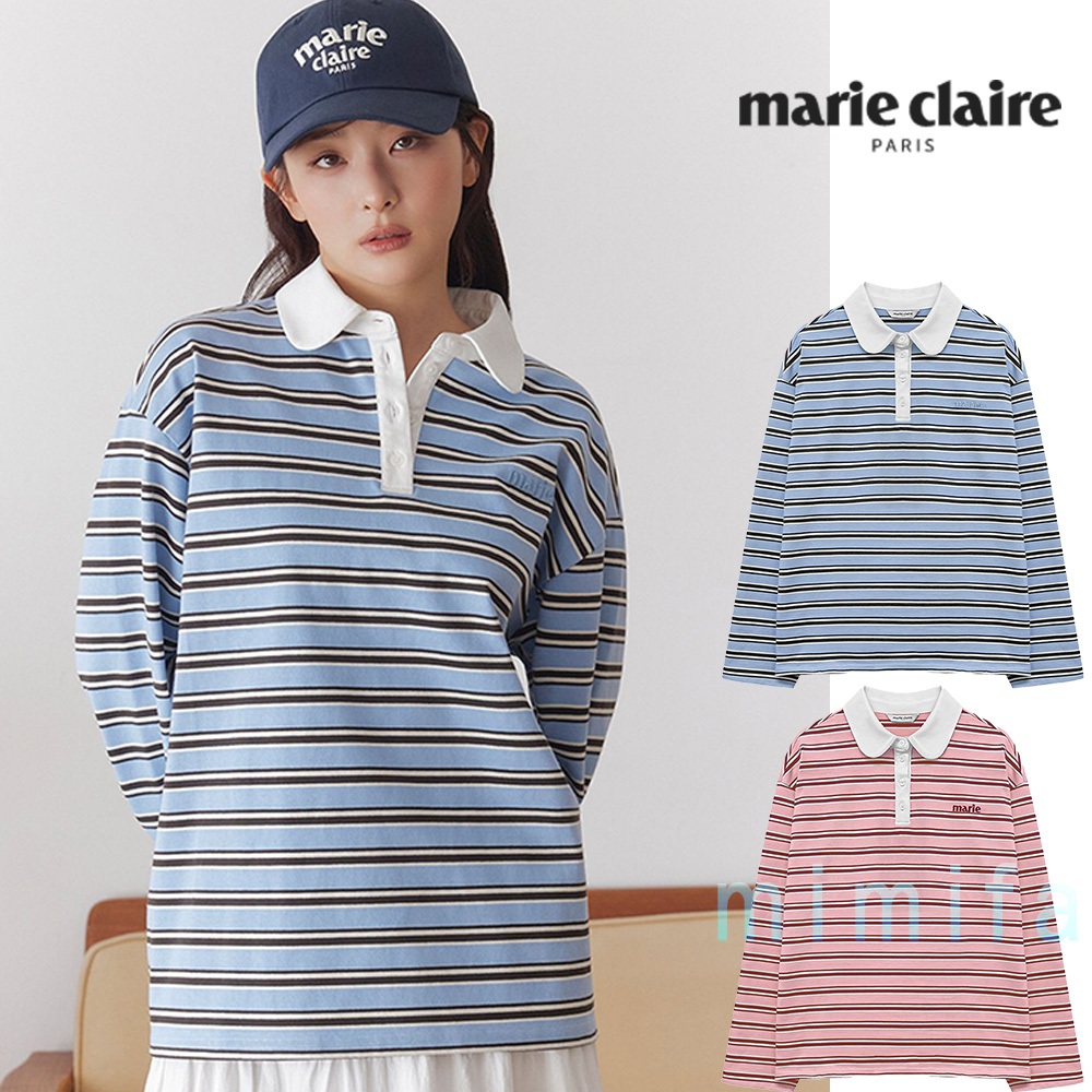 [ MARIE CLAIRE ] เสื้อยืดแขนยาวคอปกรักบี้ลายทาง