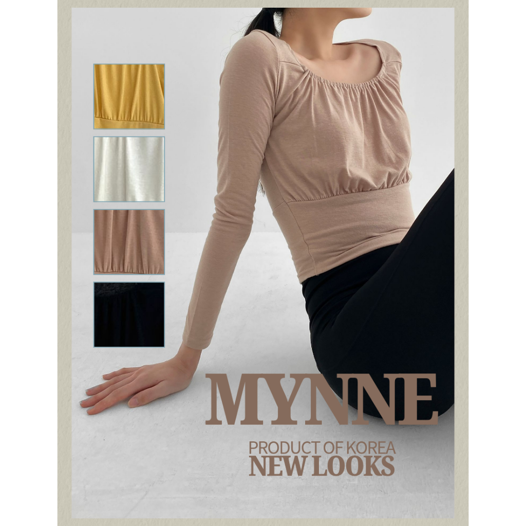 [MYNNE] เสื้อแขนยาวคอเหลี่ยม Ruched ด้านหน้า | Made in Korea Pilates Yoga Active Top