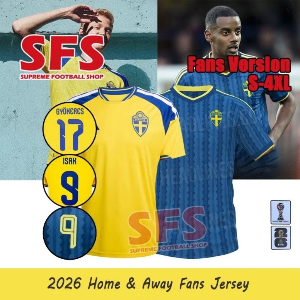 SFS 2026 Sweden Jersey Home Away Jersey ทีมชาติฟุตบอลชายเสื้อฟุตบอลแฟนรุ่น S-4XL