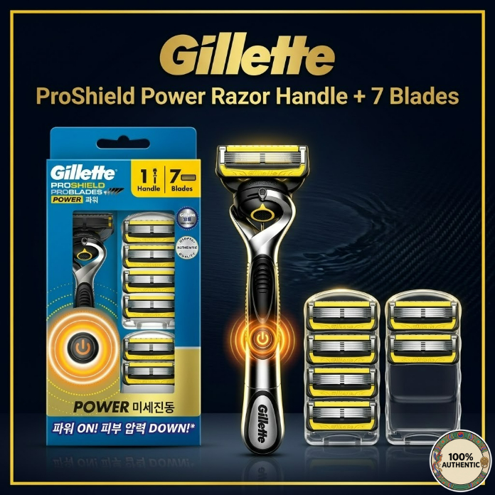 Gillette ProShield Yellow Power Men Razor Handle + 7 Blades Set Smooth Shaving Skin Care
