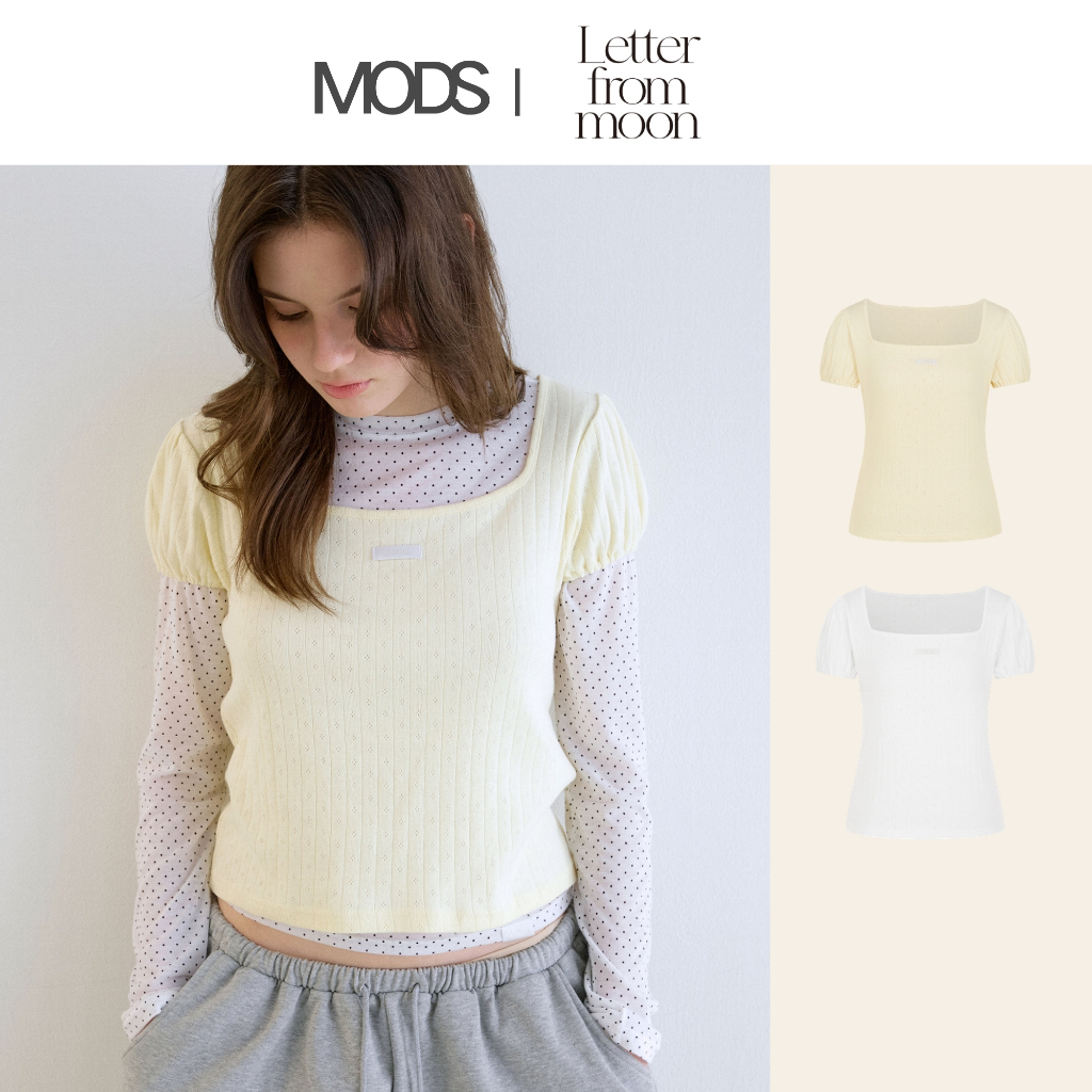 [LetterFromMoon]  Letters Square Neck Puff Sleeve T-Shirt / 2colors