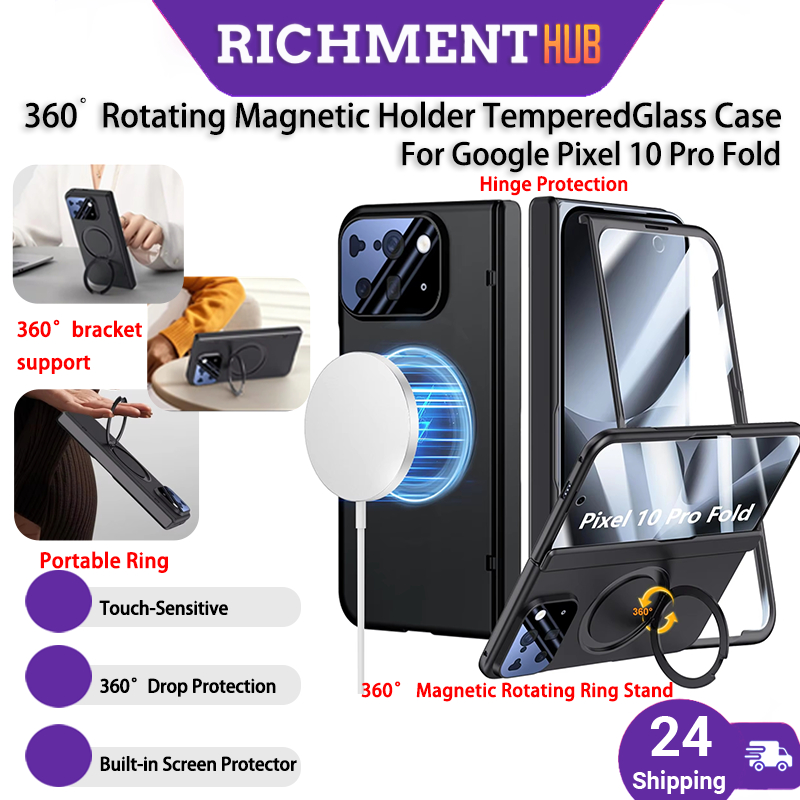 SG 24H SHIP สําหรับ Google Pixel 10 Pro Fold Case พร้อมขาตั้งแหวนหมุนแม่เหล็ก 360, การป้องกันบานพับ,