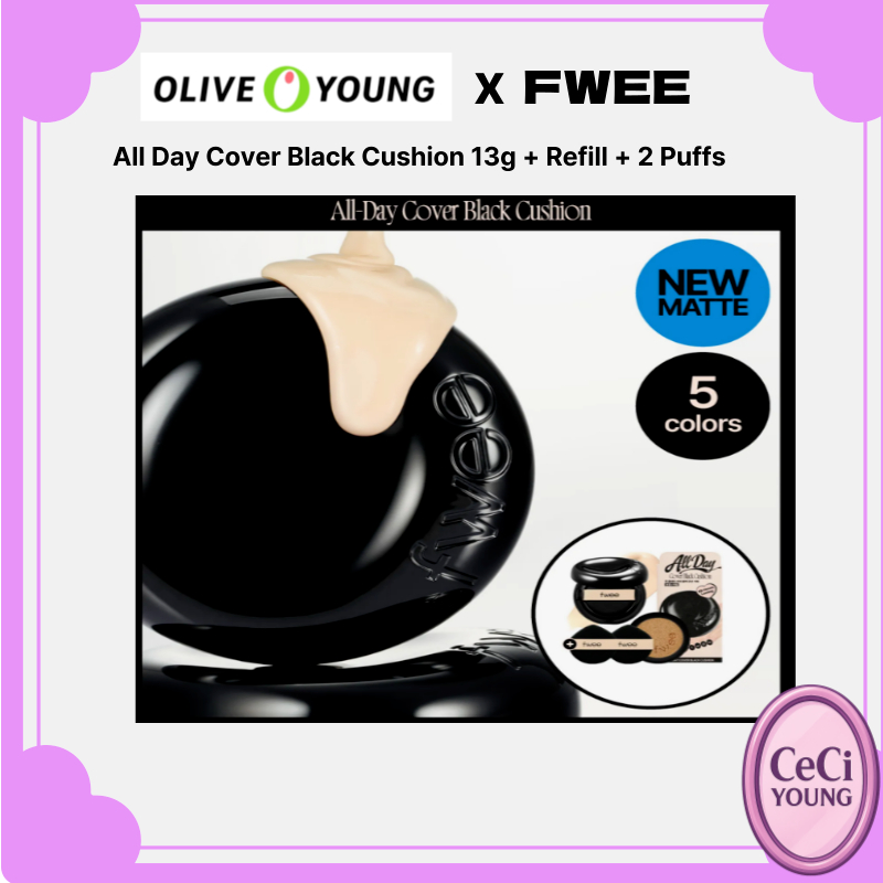 Fwee All Day Cover Black Cushion 13g + รีฟิล + 2 พัฟ (ชุด), High Coverage Cushion Foundation 5 เฉดสี