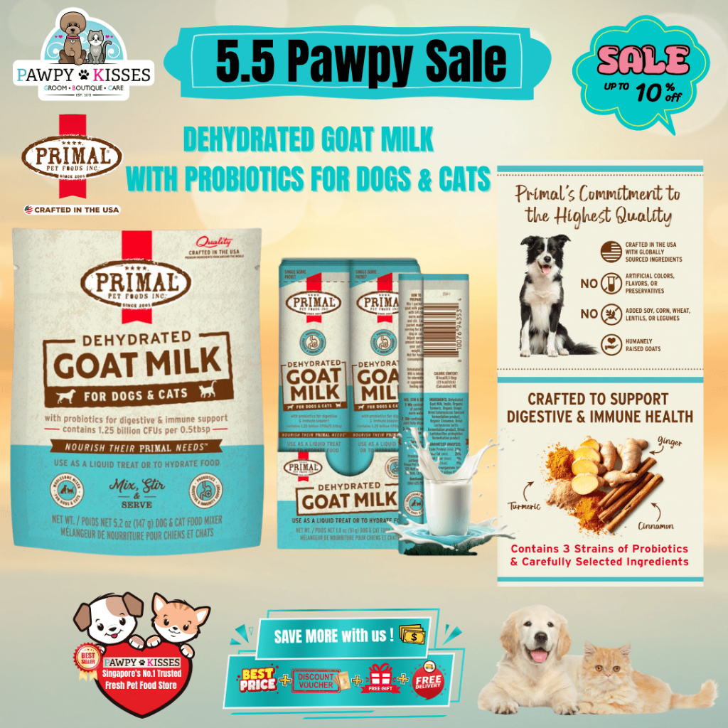 Primal Dog & Cat นมแพะอบแห้งพร้อมโปรไบโอติก 1.8oz (10 ซอง) / 5.2oz I Pawpy Kisses