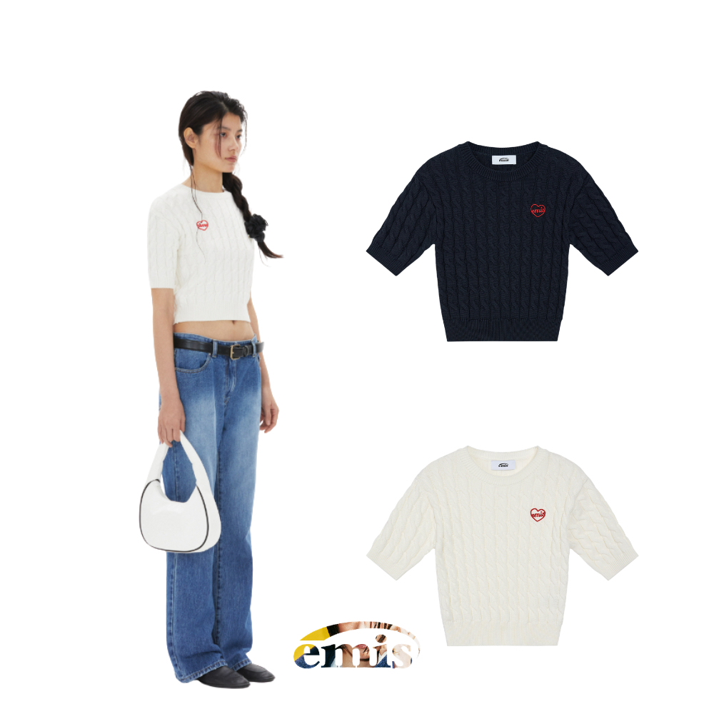 🇰🇷 EMIS EMIS Korea Brand ส่งตรงจากเกาหลี Heart Cable Cropped Knit Top Logo เสื้อยืดแขนสั้น Lisa BLAC