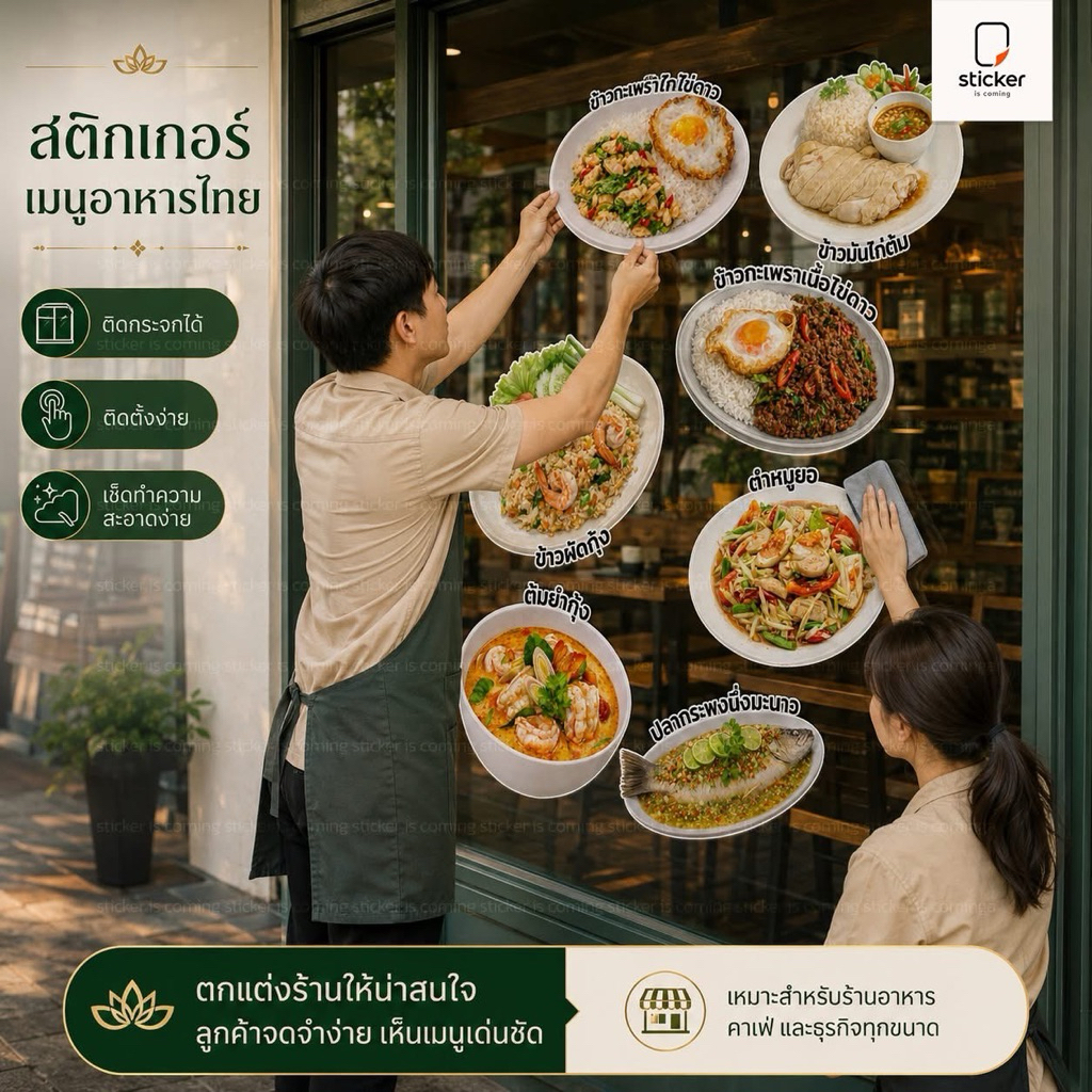 สติกเกอร์ไดคัทลายอาหาร ตกแต่งร้านอาหารและคาเฟ่ (ลายอาหารไทย 100++ เมนู) ขนาด A4 (30 cm.) 🔥🔥โปร 10 ชิ้นขึ้นไปถูกกว่า🔥🔥