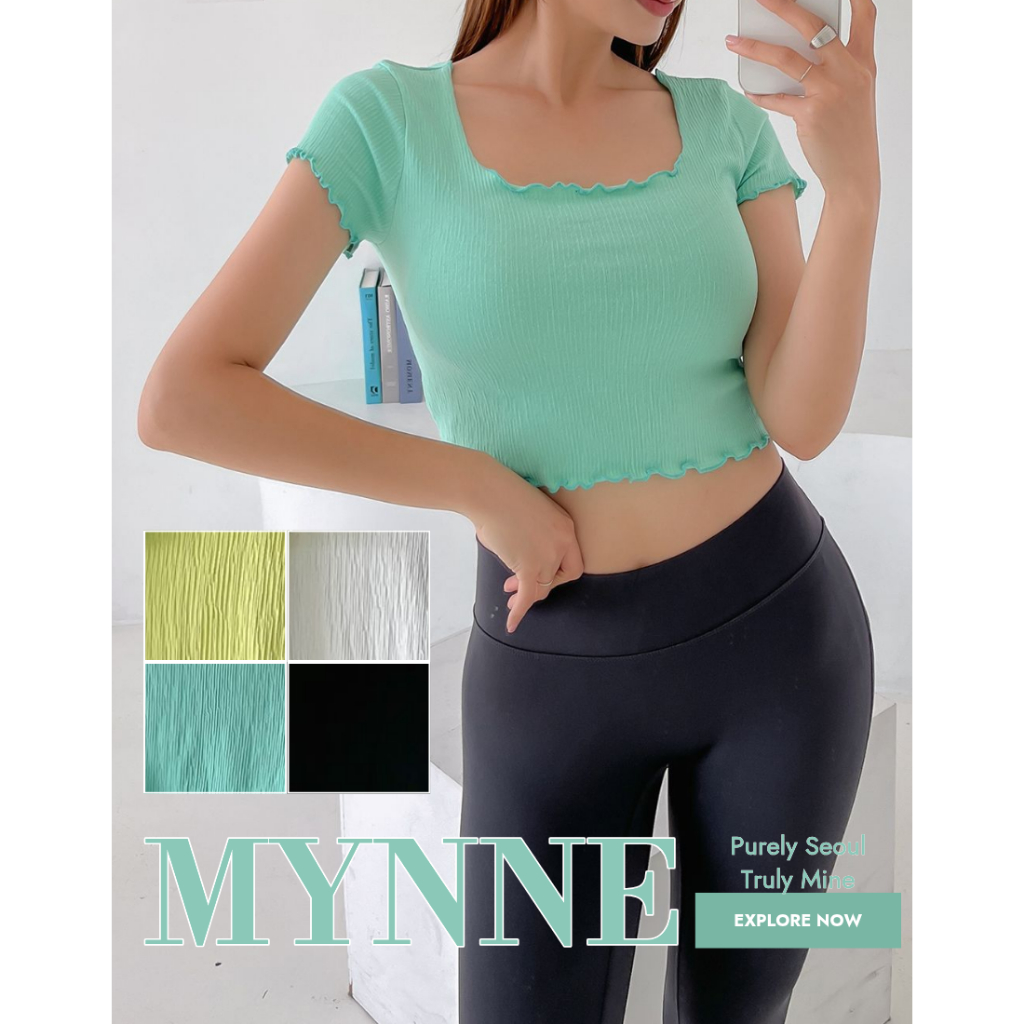 [MYNNE] เสื้อเชิ้ตแขนสั้นคอเหลี่ยม Frill Crop | Made in Korea Pilates Yoga Spring Active Top