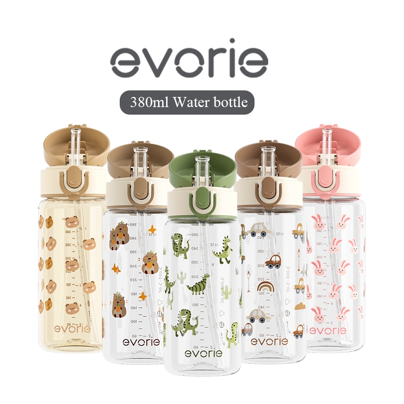 Evorie Kids Tritan Water Bottle with Straw, ขวดนมที่ได้รับรางวัลสําหรับ 18+ เดือน ปลอดสาร BPA 380ML