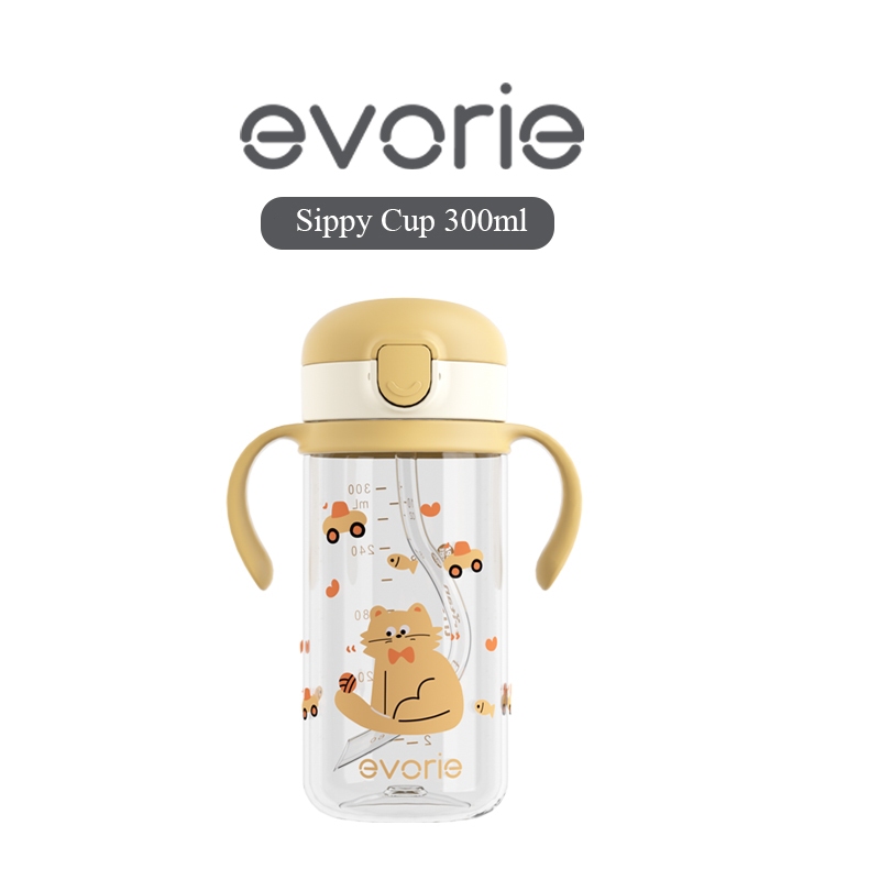 Evorie Tritan Sippy Straw Cup ขวดน้ําสําหรับเด็กวัยหัดเดินสําหรับเด็ก 1-4 ปี 300mL, Kitty Meow ไม่เข