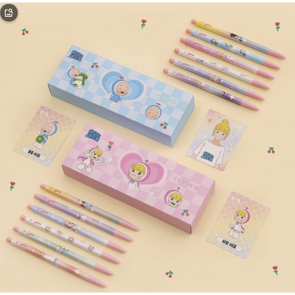 MONAMI x Yumis Cells Limited Edition ชุดปากกาลูกลื่น 0.5 มม. 6 ชิ้น + การ์ดตัวละครชุดของขวัญเครื่องเ