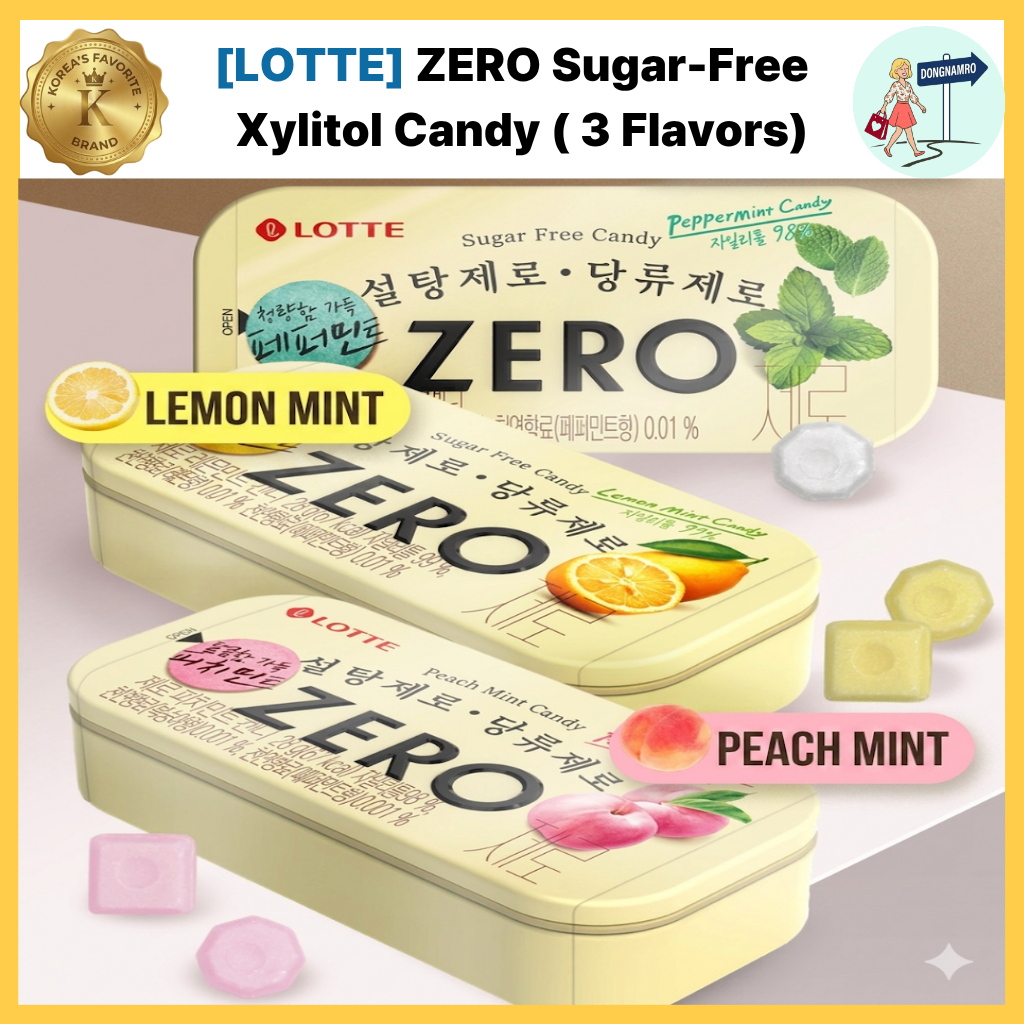 [LOTTE] ลูกอมไซลิทอล ปราศจากน้ำตาล ZERO (3 รสชาติ) | เลมอน, พีช, เปปเปอร์มินต์ | ตลับเหล็ก