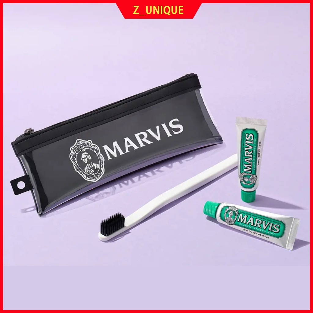[MARVIS] ชุดอุปกรณ์ทันตกรรมแบบพกพาระดับพรีเมียม - ยาสีฟันคลาสสิค Strong Mint (10ml x 2) + แปรงสีฟันที่เป็นมิตรต่อสิ่งแวดล้อม (ตัวเลือกสีดํา/สีขาว)