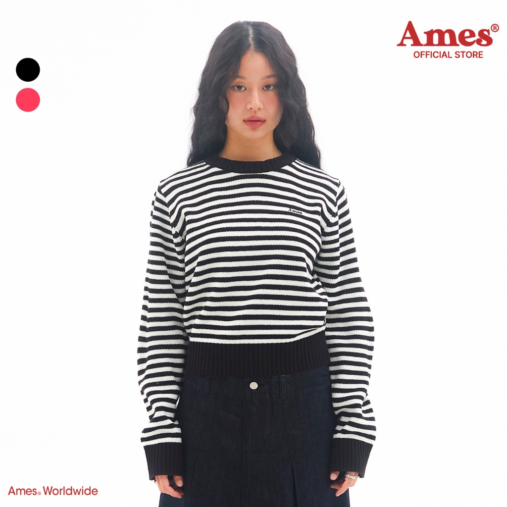 [AMES] BASIC SMALL LOGO STRIPE KNIT_สไตล์เกาหลี