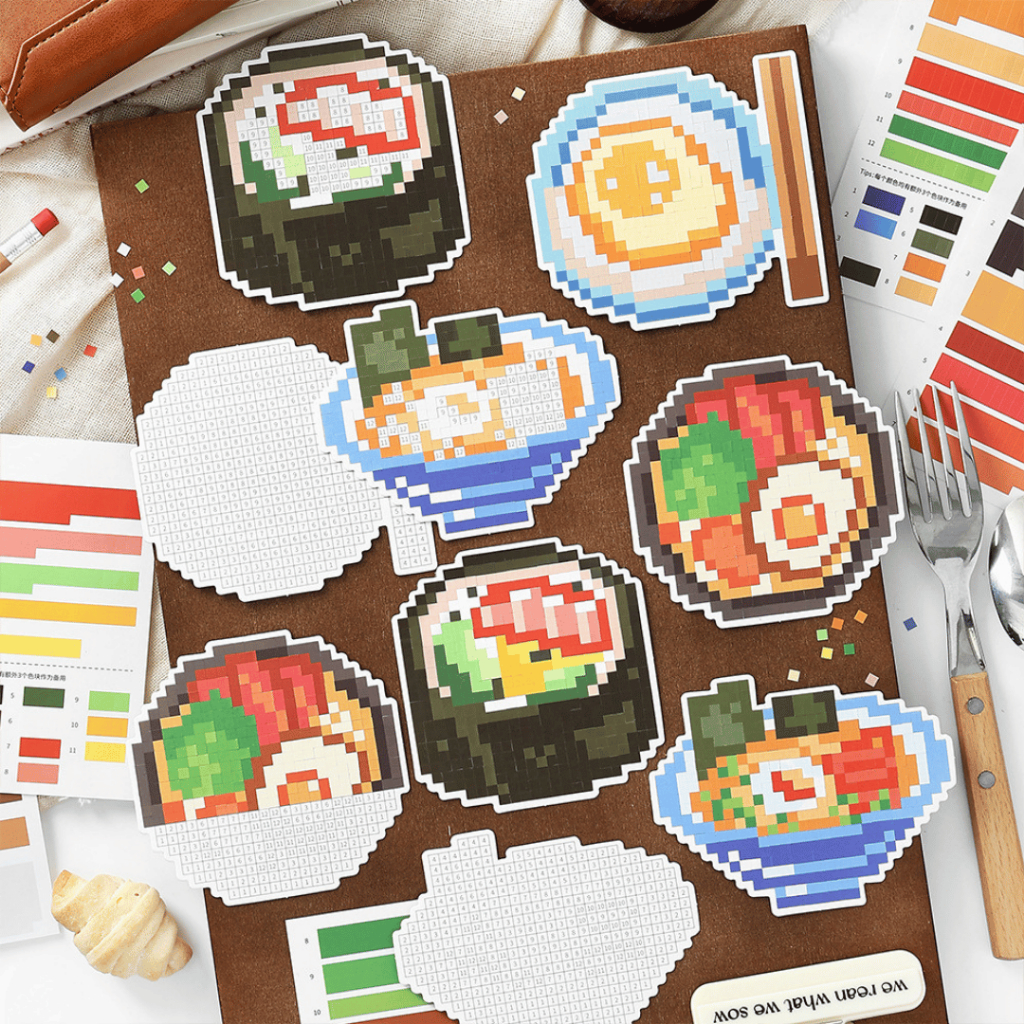 [KW] Pixel Food Craft Art Series สติ๊กเกอร์ฉาก 3 มิติ, สมุดภาพ, วารสาร, บรรเทาความเครียด, กิจกรรมสนุ