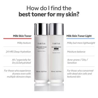 [TIRTIR] Milk Skin Toner Light 150 มล. / 50 มล. / 20 มล. (น้ําหนักเบา, ไนอะซินาไมด์ 4%, ไม่เหนียวเหนอะหนะ, ดูแลสิว, กระชับรูขุมขน, ควบคุมความมัน)