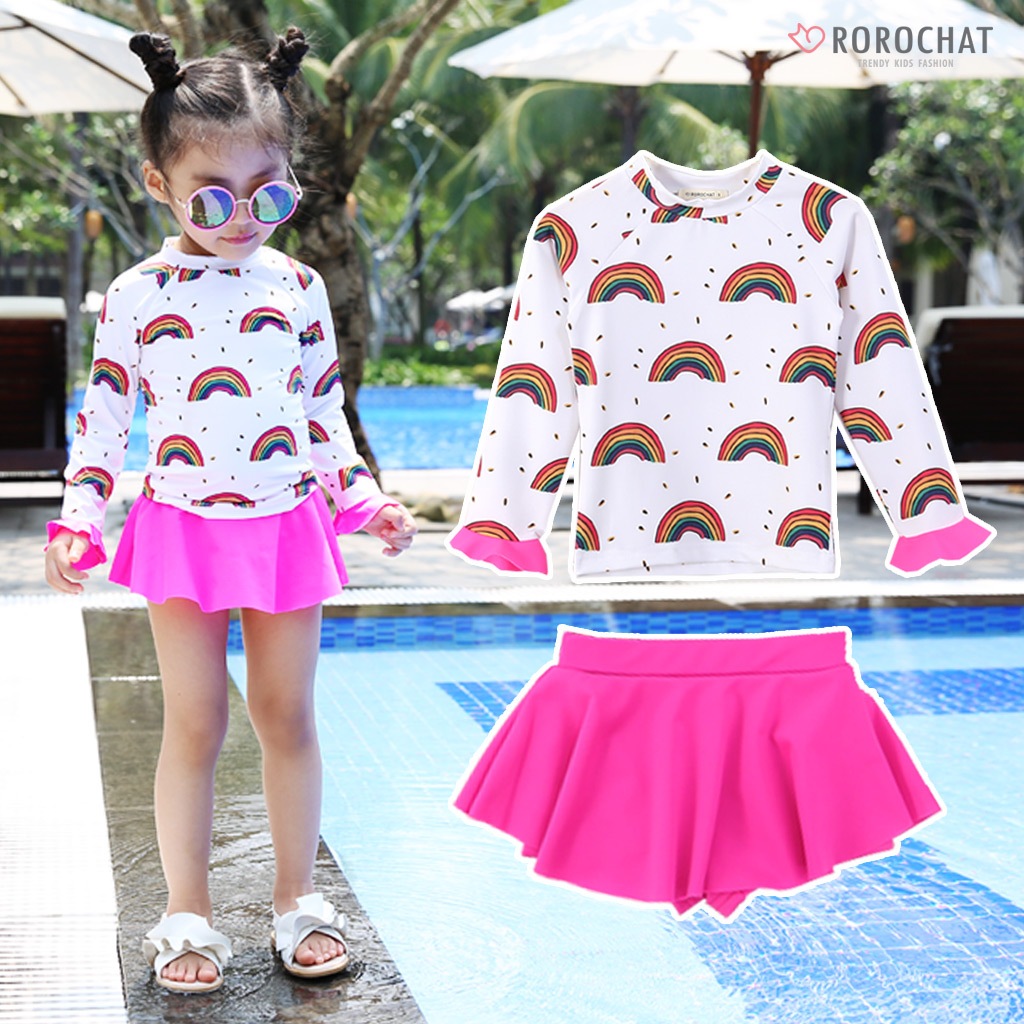 K-FASHION ROOROCHAT สาวสายรุ้งพิมพ์แขนยาว 2 ชิ้น Frill ชุดว่ายน้ํา 3-9Y ชุดว่ายน้ําเด็กผู้หญิงแขนยาว
