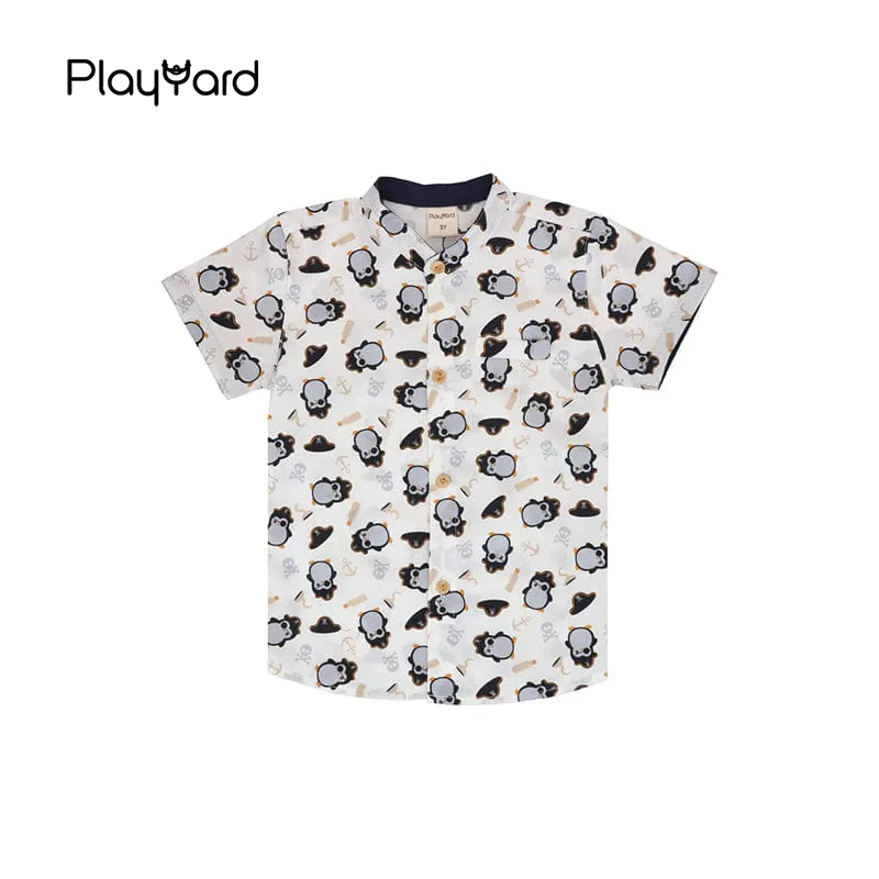 Boy Shirt Mandarin Collar - Pirate Penguin (สีขาว)